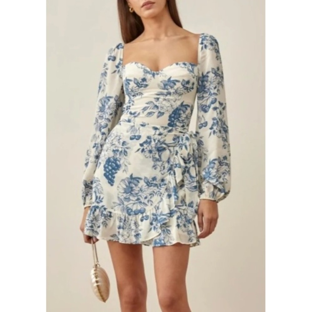 REFORMATION Cammi Mini Dress Corsica Blue Women Size 4 Floral Long Sleeve Garden
